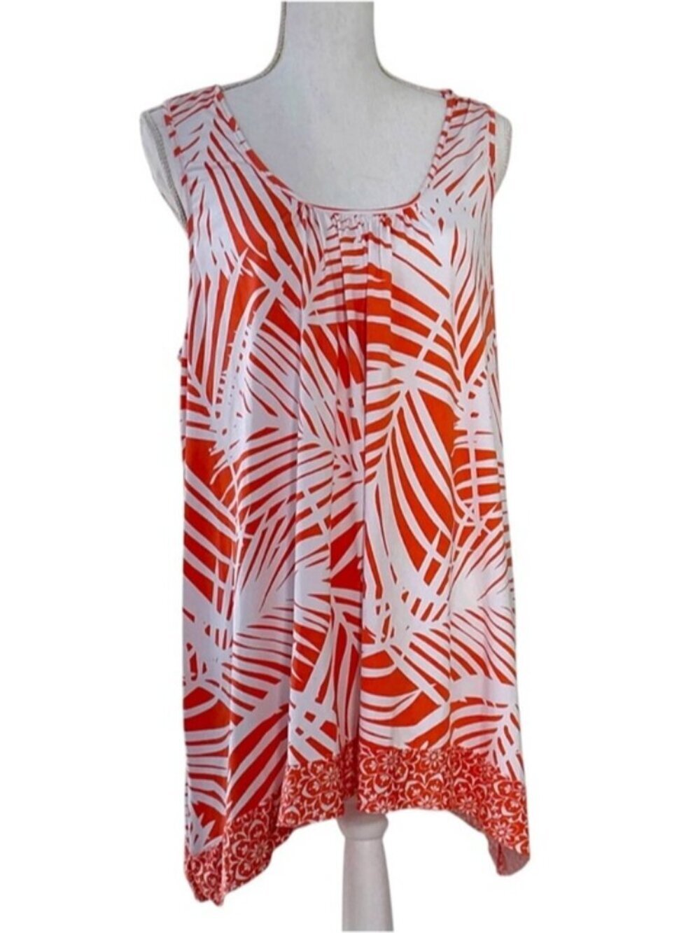 Ellen Tracy Sleeveless Polynesian Palm Print Tunic Top Coral Orange White Large